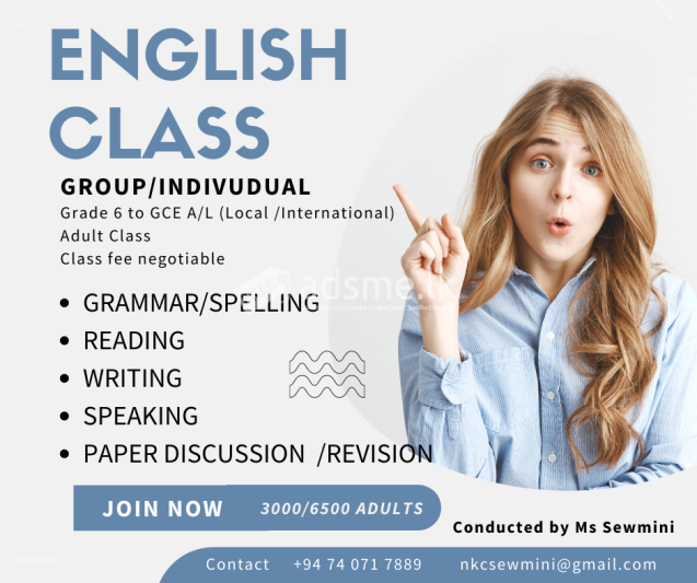 General English class from Grade 6 to GCE A/L (Local/International syllabus)